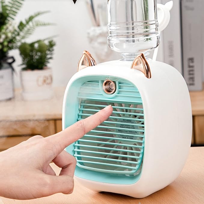 Portable Air Conditioner – 1200ml Cat Ear Mini Cooling Fan with Water Tank 2-in-1 Air Conditioner Fan & Humidifier | 3-Speed Rechargeable Air Cooler | Ideal for School, Home & Office