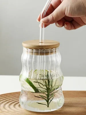 Glass Cup with Wooden Lid & Straw – Elegant & Eco-Friendly Drinkware