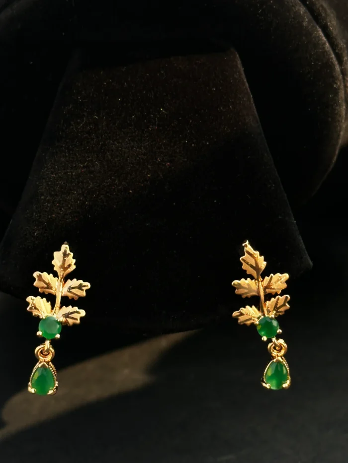 Elegant Leaf Design Green Stone Drop Earrings for Women - Image 2