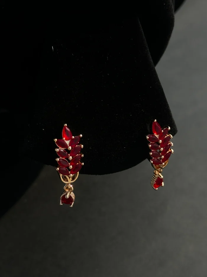 Ruby Red Leaf Drop Earrings – Gold Plated Elegant Party Wear Earrings for Women - Image 3