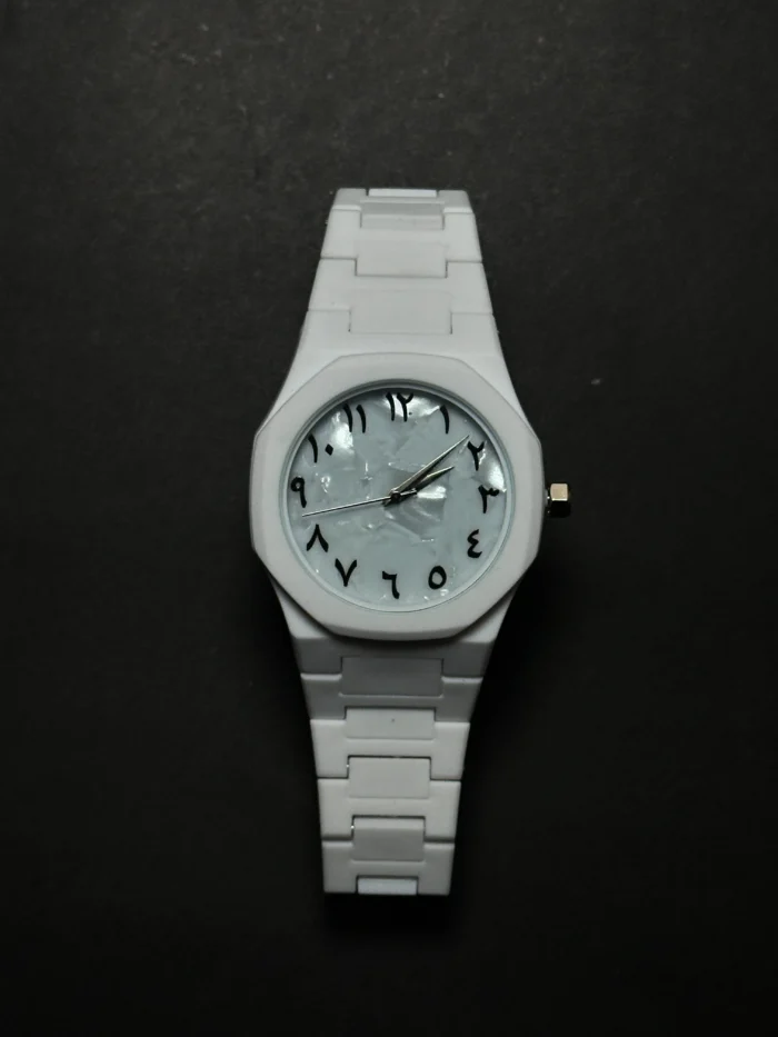 white aura 02 White Aura Arabic Marble Dial Watch – Minimalist Elegant Watch - Image 1